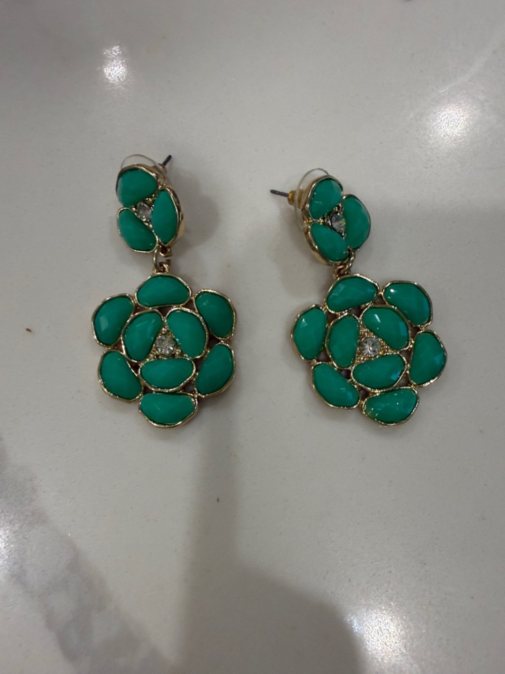 Green Floral Drop Earrings - Gold Trim